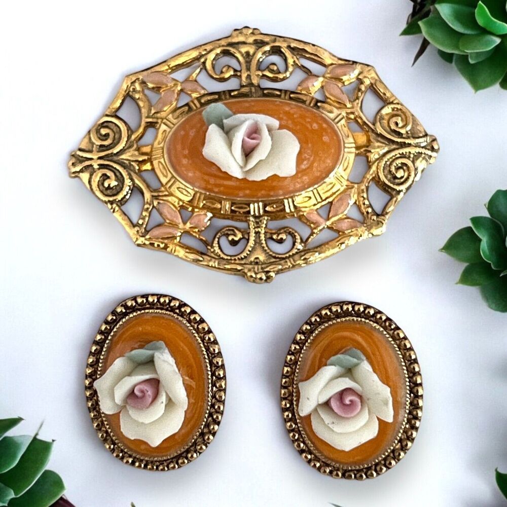 Vintage 1980s Floral Brooch Earrings Set Ceramic Rose Gold Tone - 8C